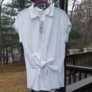 Rose & Olive White Button-Down Tie Blouse Top Sz S